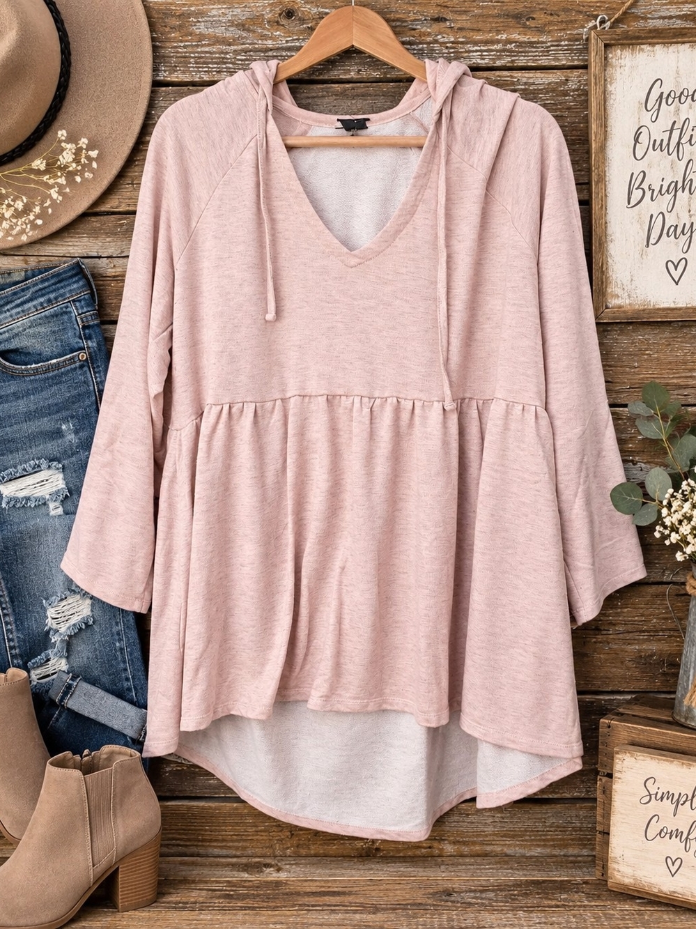 Torrid Women’s 2X Blush Pink Hooded Babydoll Tunic Top V-Neck High Low